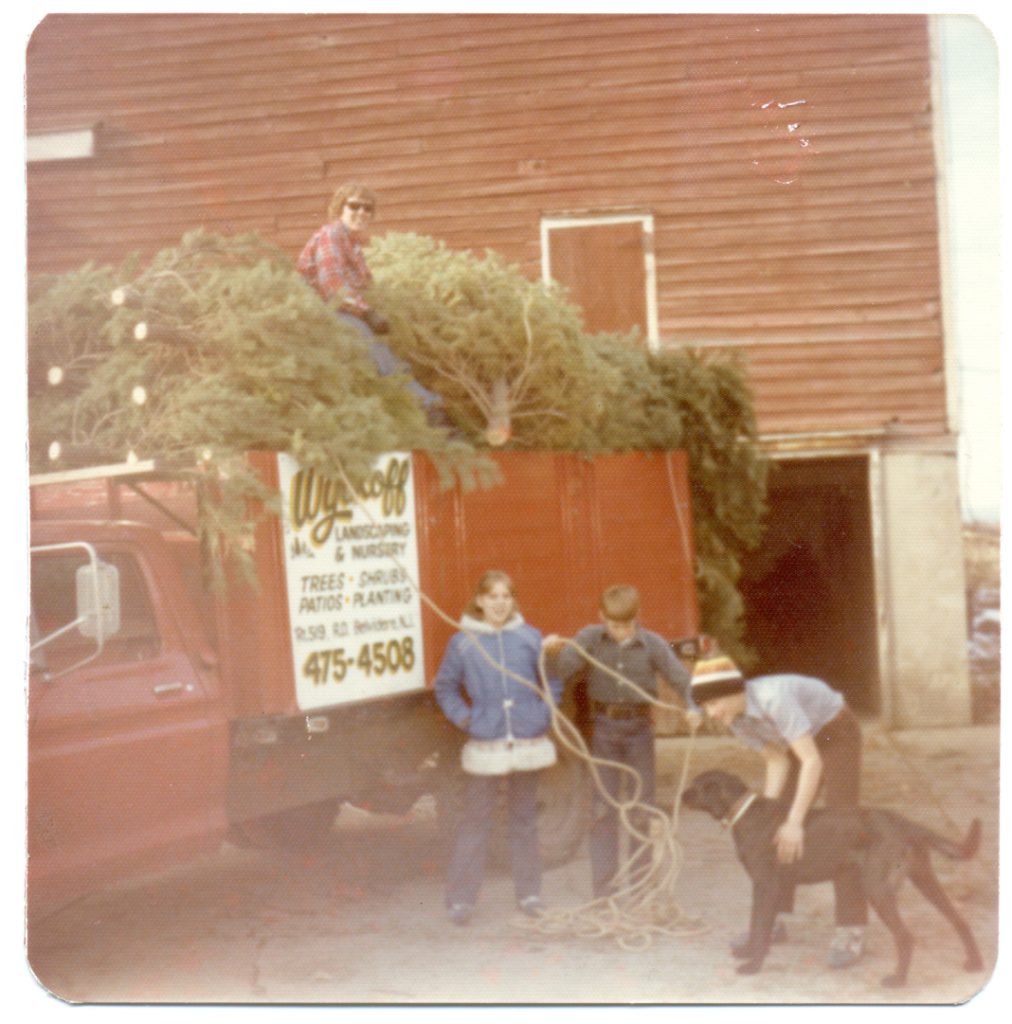 three boys and dog in front of tree caring trees